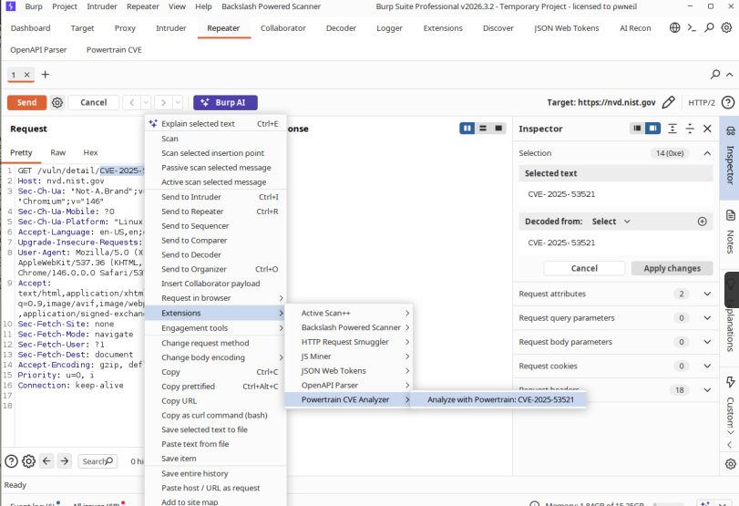 Powertrain CVE Analyzer context menu integration in Burp Suite
