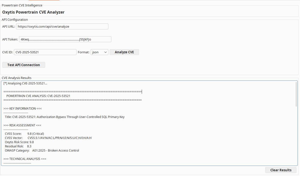 Oxytis Powertrain CVE Analyzer interface